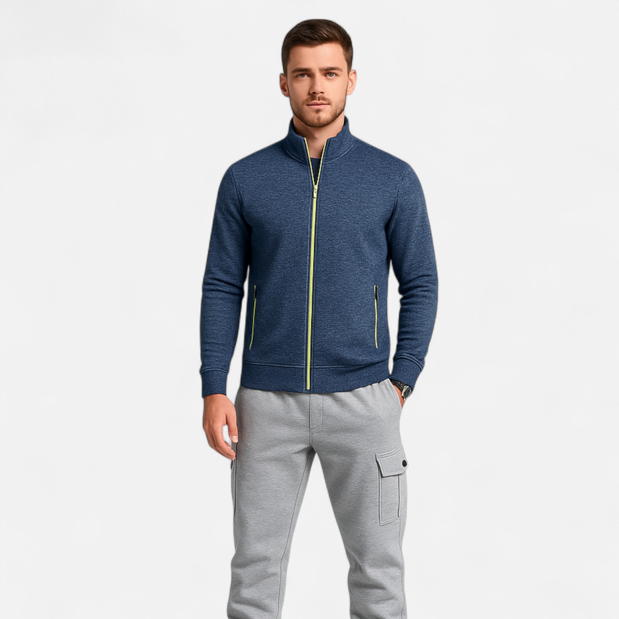 Męski Prosty Zippowany Kardigan | Długi Rękaw