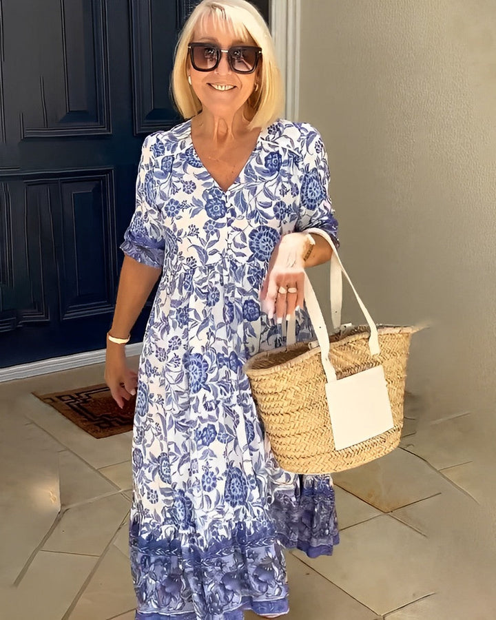 Damska elegancka sukienka floral z dekoltem V | Midi