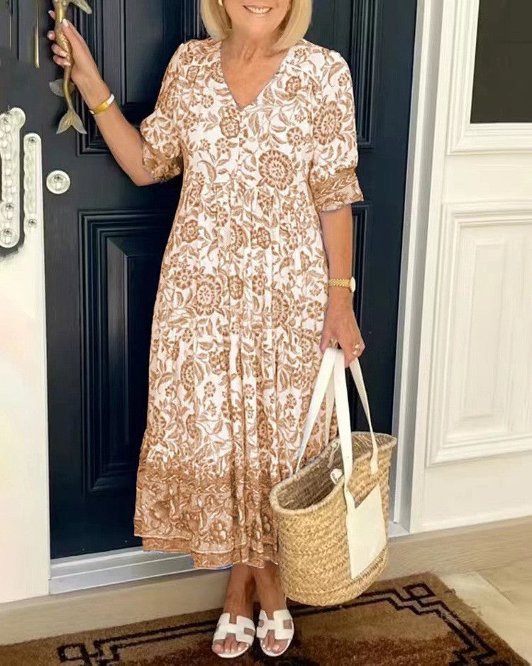 Damska elegancka sukienka floral z dekoltem V | Midi