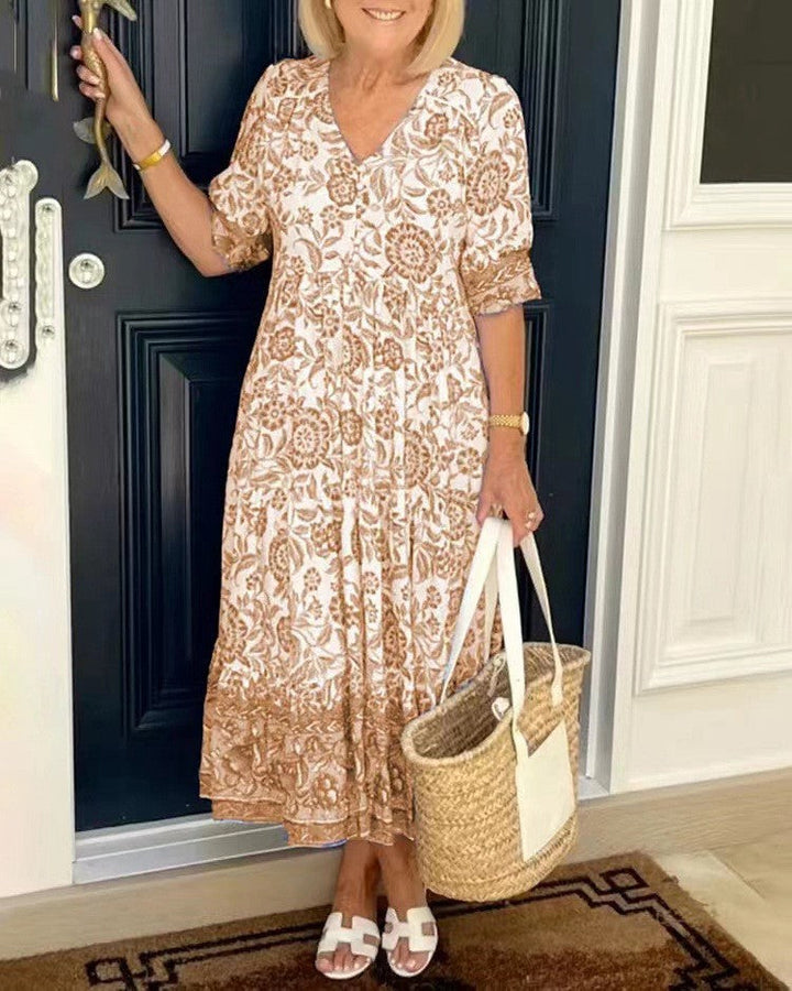 Damska elegancka sukienka floral z dekoltem V | Midi