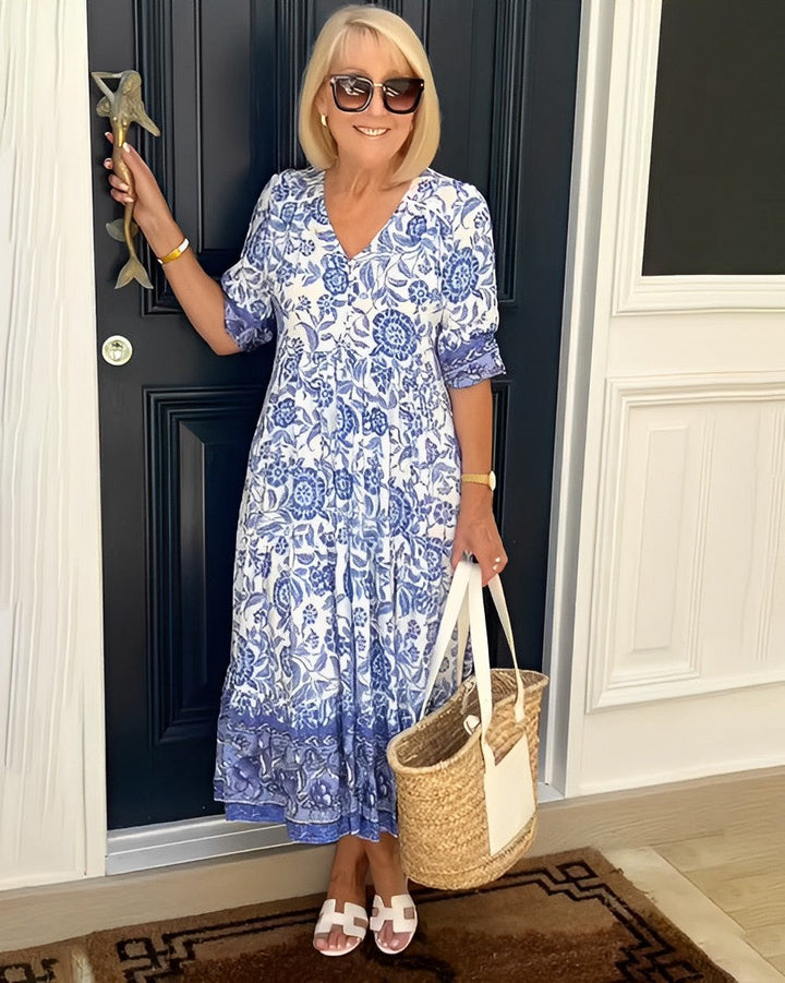 Damska elegancka sukienka floral z dekoltem V | Midi