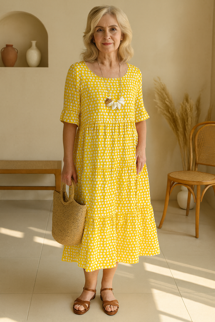 Damenkleid mit kurzen Ärmeln und lockerem Schnitt | Midi