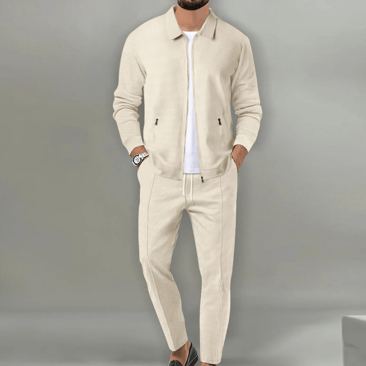 Herren-Beige-Casual-Set mit Reißverschlussjacke und Hose | Zweiteilig