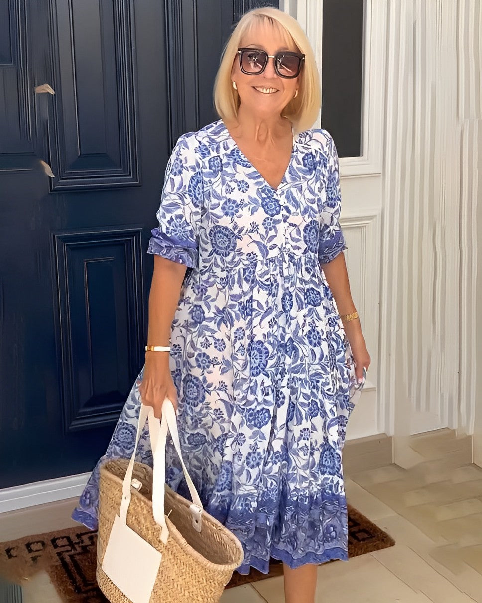 Damska elegancka sukienka floral z dekoltem V | Midi