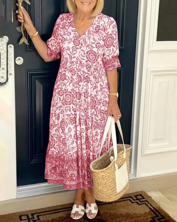Damska elegancka sukienka floral z dekoltem V | Midi