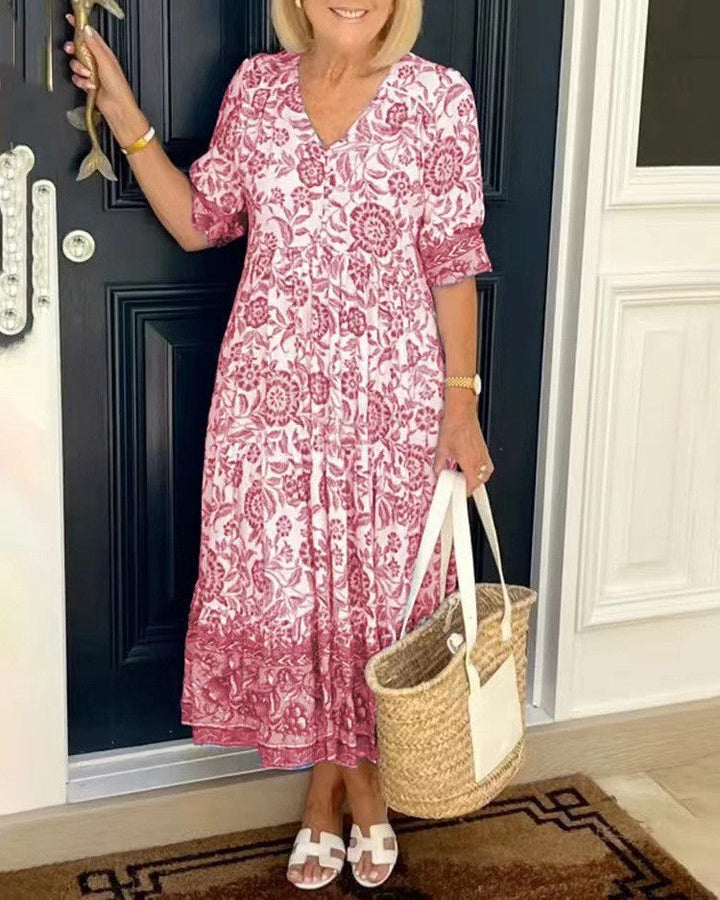 Damska elegancka sukienka floral z dekoltem V | Midi