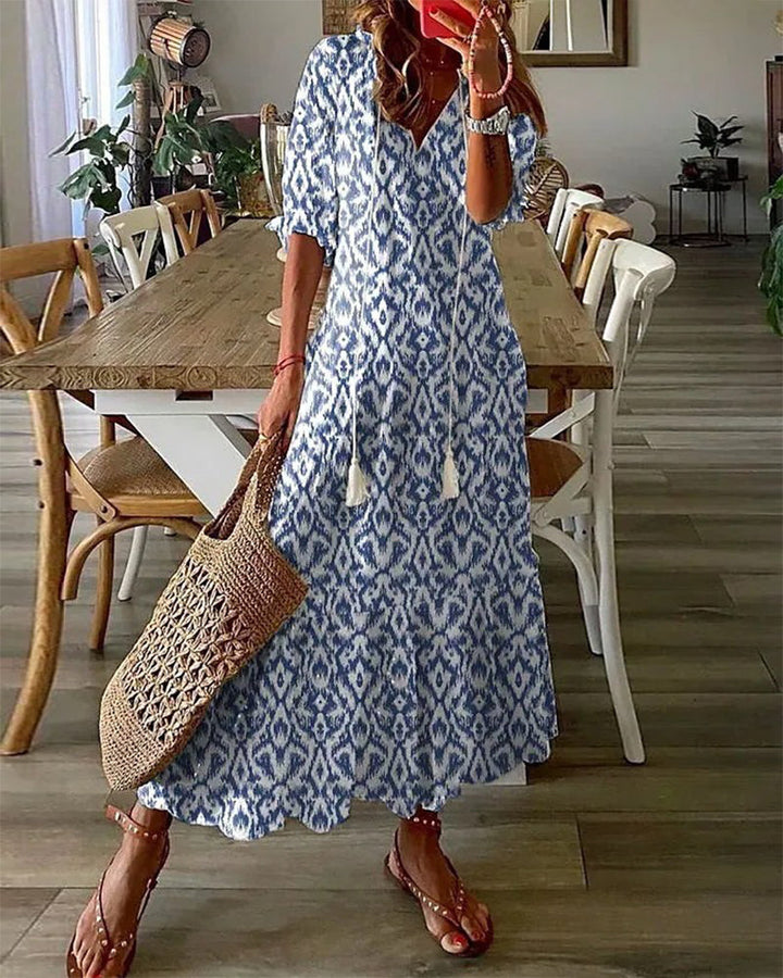 Women's summer A-line dress with lantern sleeves and geometric pattern | Midi