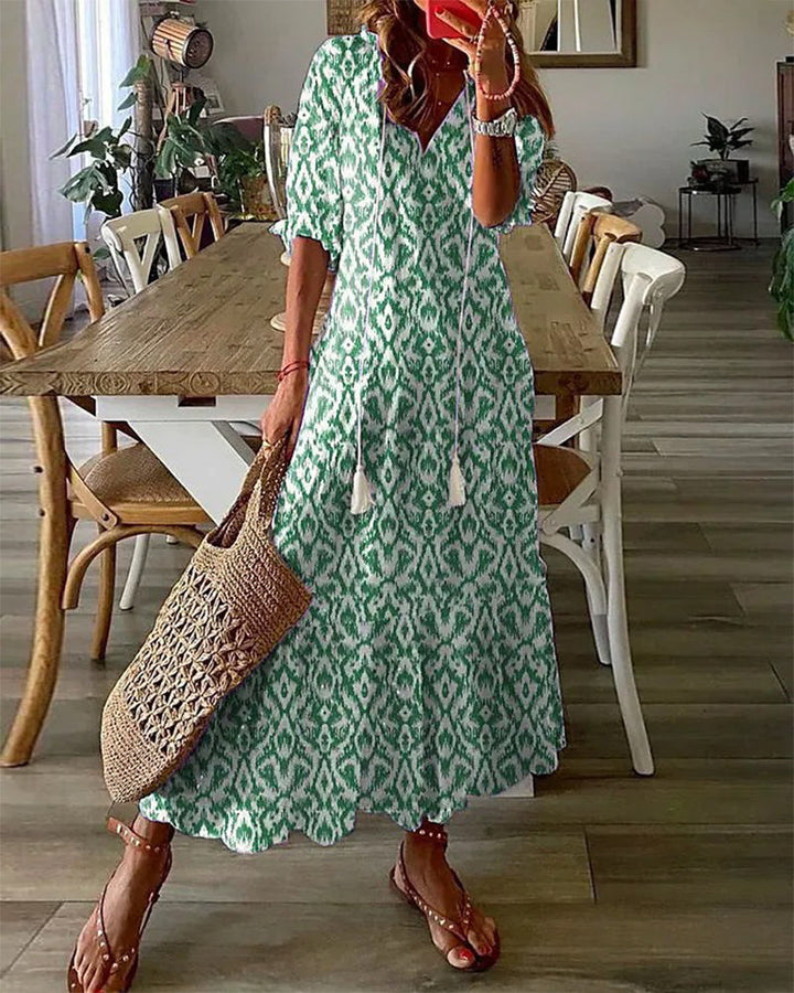 Women's summer A-line dress with lantern sleeves and geometric pattern | Midi
