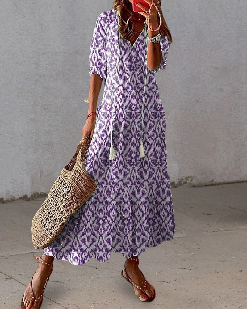 Women's summer A-line dress with lantern sleeves and geometric pattern | Midi
