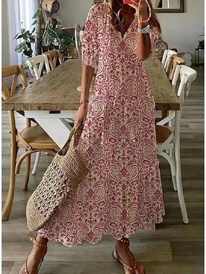 Women's summer A-line dress with lantern sleeves and geometric pattern | Midi