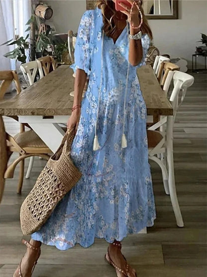 Women's summer A-line dress with lantern sleeves and geometric pattern | Midi