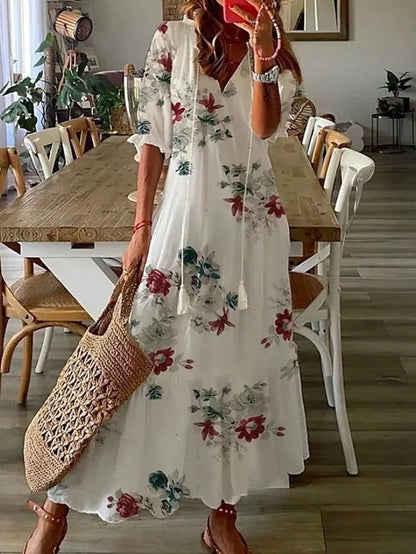 Women's summer A-line dress with lantern sleeves and geometric pattern | Midi