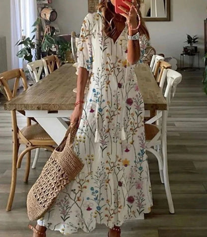 Women's summer A-line dress with lantern sleeves and geometric pattern | Midi