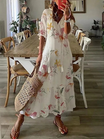 Women's summer A-line dress with lantern sleeves and geometric pattern | Midi