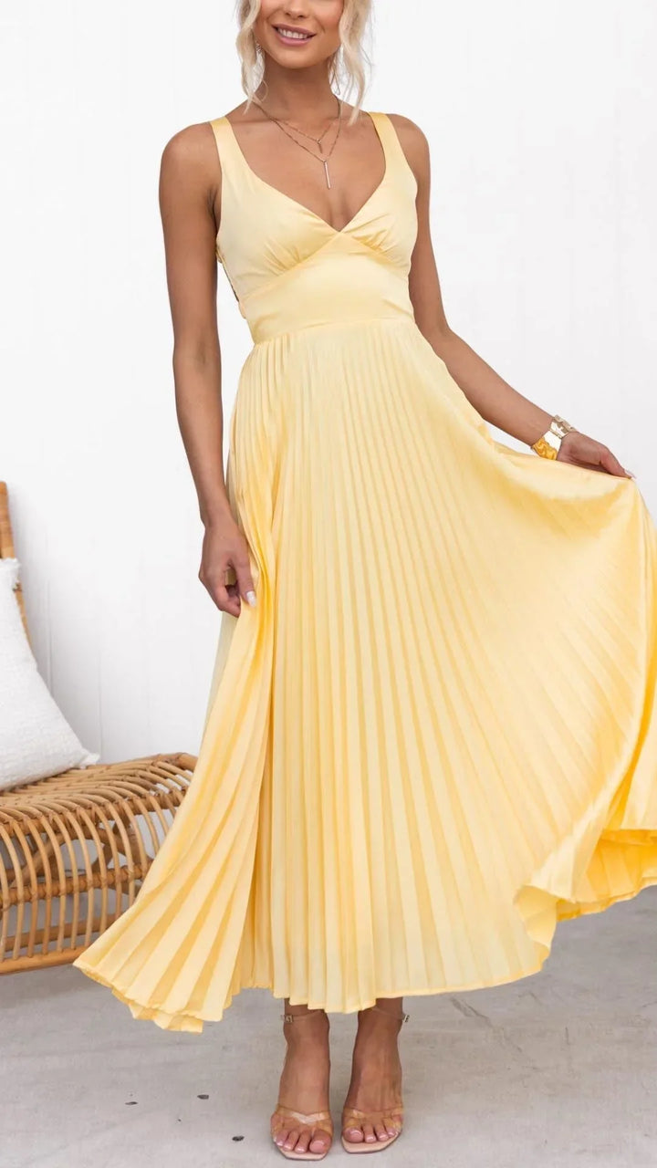 Maxikleid für Damen | Plissierter Schnitt und V-Ausschnitt