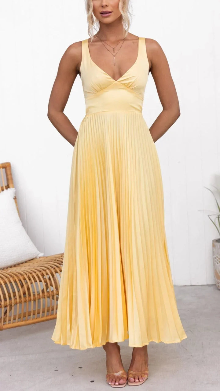 Maxikleid für Damen | Plissierter Schnitt und V-Ausschnitt
