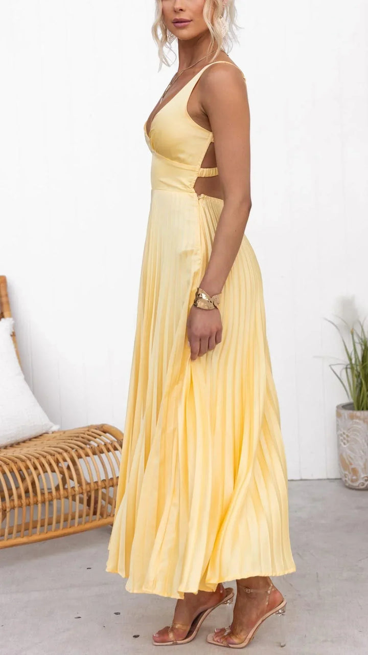 Maxikleid für Damen | Plissierter Schnitt und V-Ausschnitt
