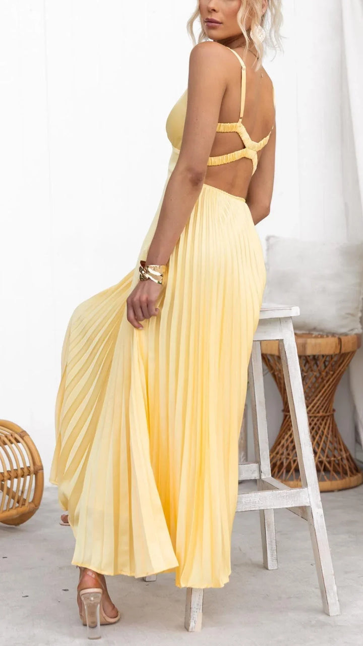 Maxikleid für Damen | Plissierter Schnitt und V-Ausschnitt