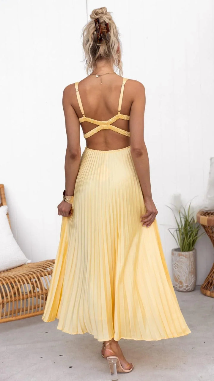 Maxikleid für Damen | Plissierter Schnitt und V-Ausschnitt