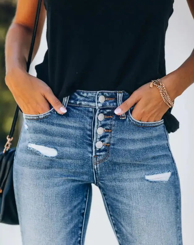 Damskie Nowoczesne Jeansy Damskie Slim Fit z Przetarciami | Zimowe