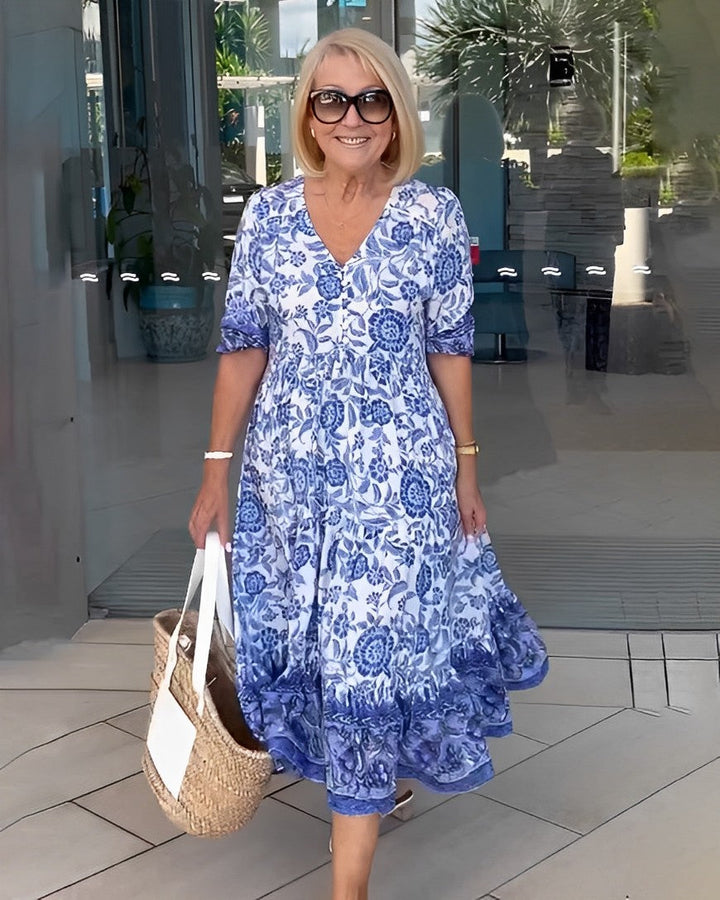 Damska elegancka sukienka floral z dekoltem V | Midi