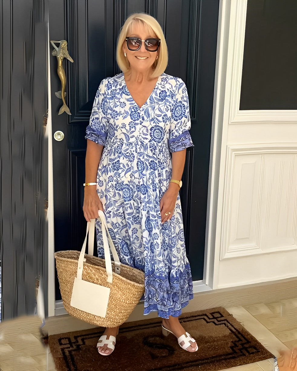 Damska elegancka sukienka floral z dekoltem V | Midi