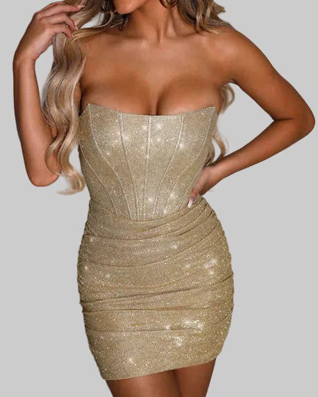 Damska Brokatowa Sukienka Bez Ramiączek | Mini